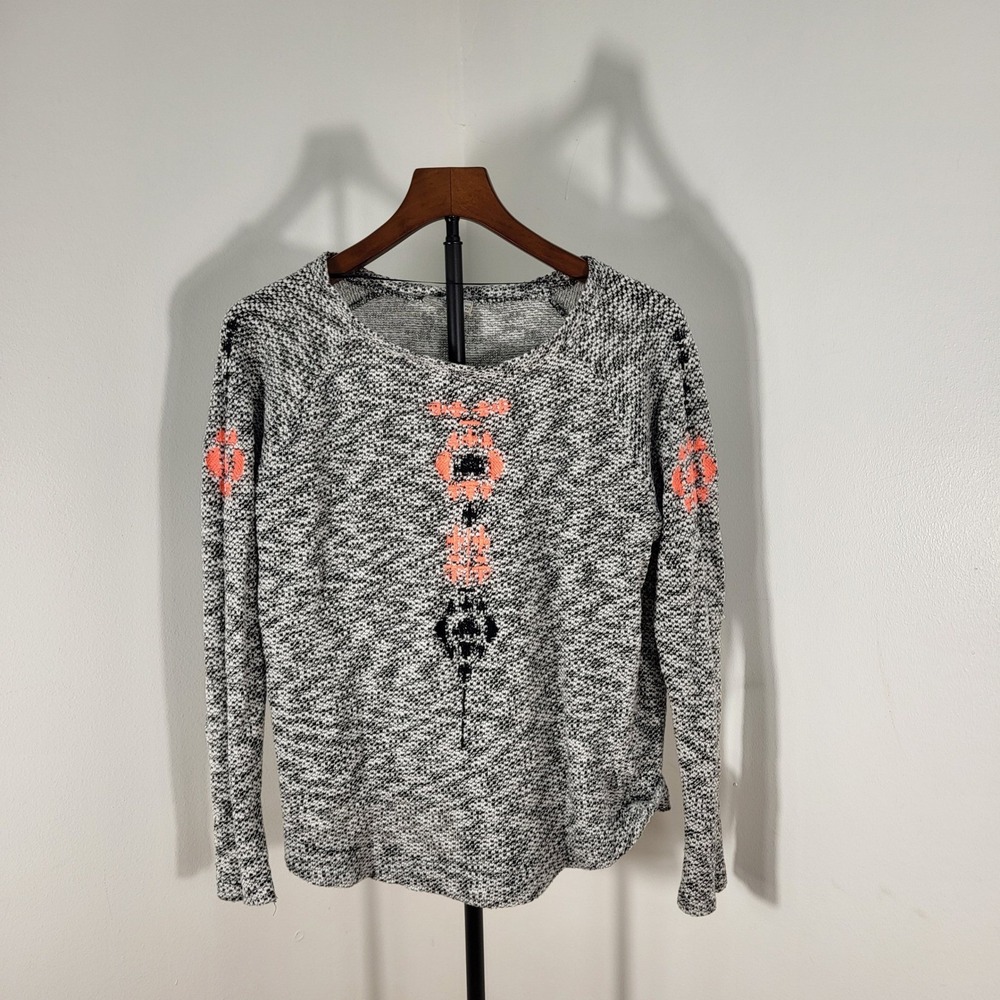 Pull&Bear Mens Medium Marled Sweater Black White Orange Geometric Embroidered